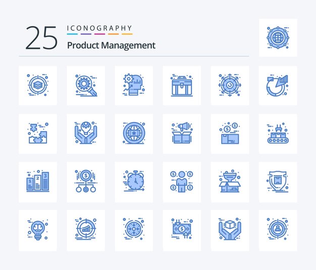 Product Management 25 pacchetto di icone di colore blu che include la produttività della borsa del cervello della valigetta esterna