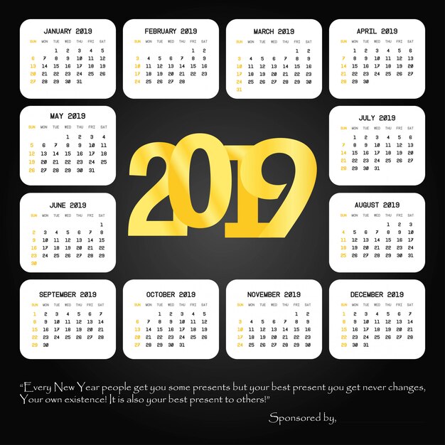 Progettazione del calendario 2019 con il vettore nero del fondo
