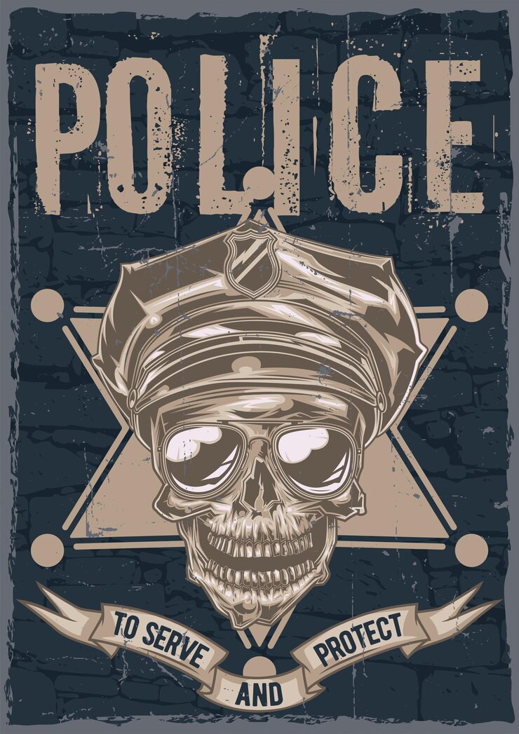 Vettore gratuito progettazione di etichette poster con illustrazione del teschio in un cappello della polizia e occhiali da sole