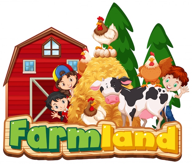 Progettazione di font per terreni agricoli con bambini e animali felici