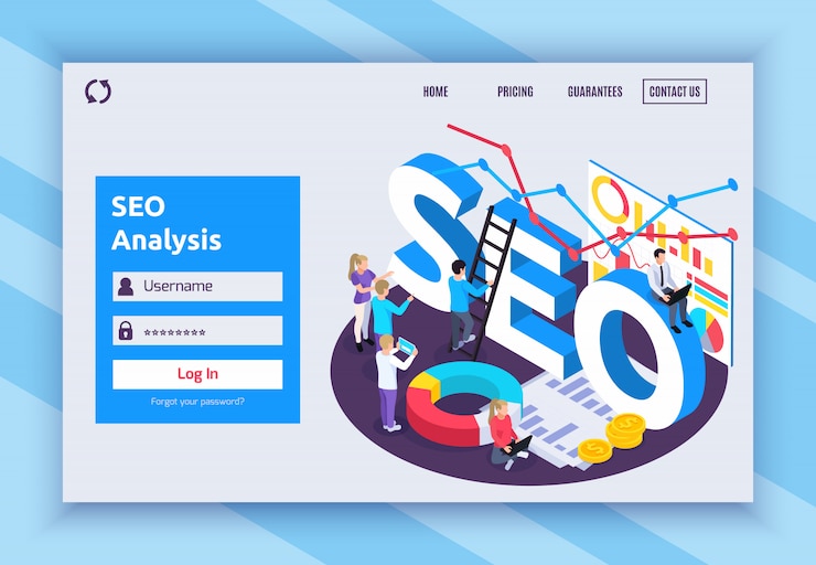 Vettore gratuito progettazione di pagine isometriche seo con simboli di prezzo e garanzia