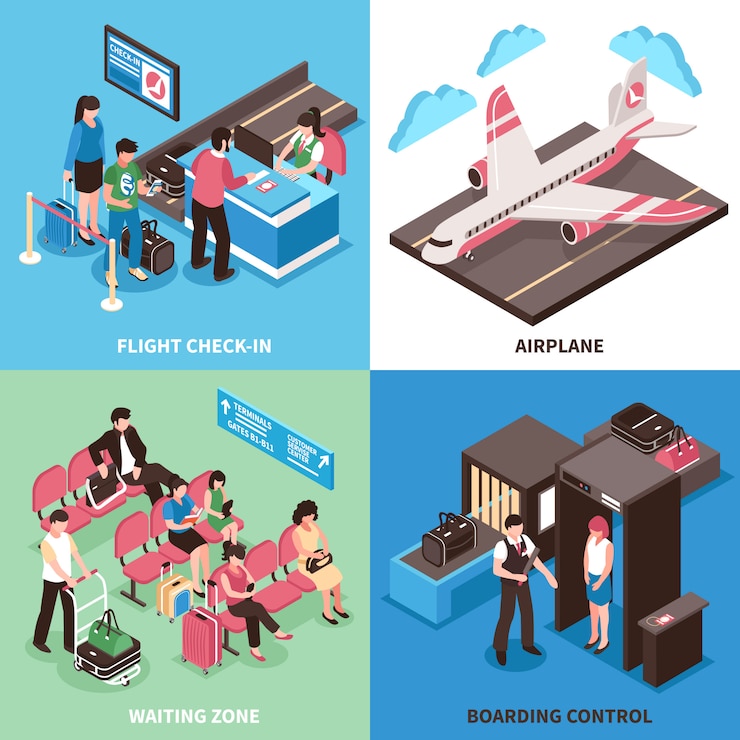 Vettore gratuito progettazione isometrica di concetto di partenza dell'aeroporto