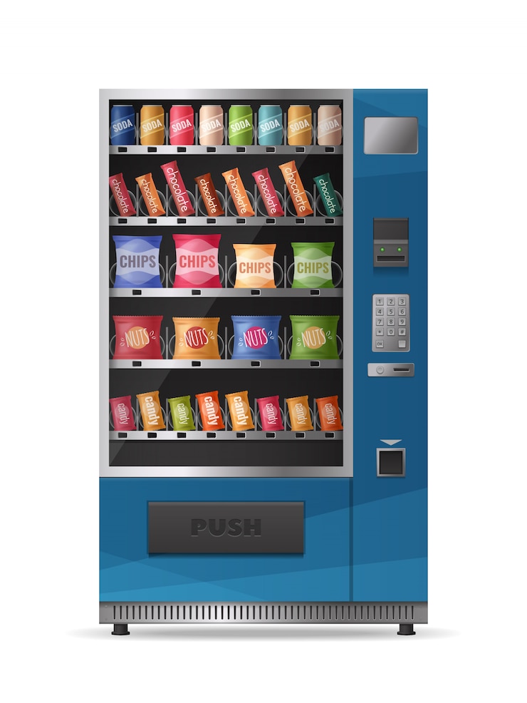Vettore gratuito progettazione realistica colorata del distributore automatico degli spuntini con il pannello di controllo elettronico isolato