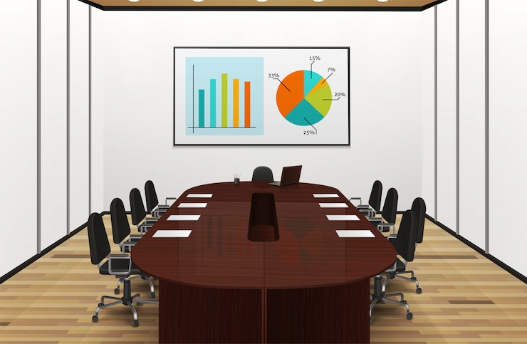 Vettore gratuito progettazione realistica interna leggera della sala conferenze con le statistiche sull'illustrazione dello schermo
