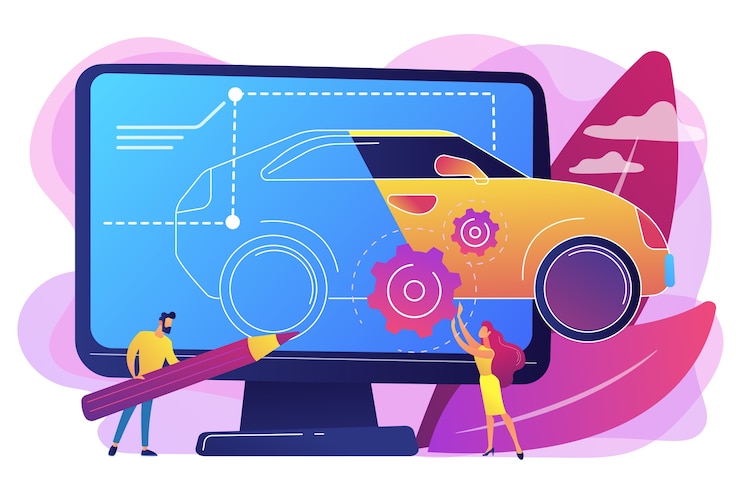Vettore gratuito progettisti industriali al computer che disegna il modello di automobile moderna. design industriale, design dell'usabilità del prodotto, concetto di sviluppo dell'ergonomia.