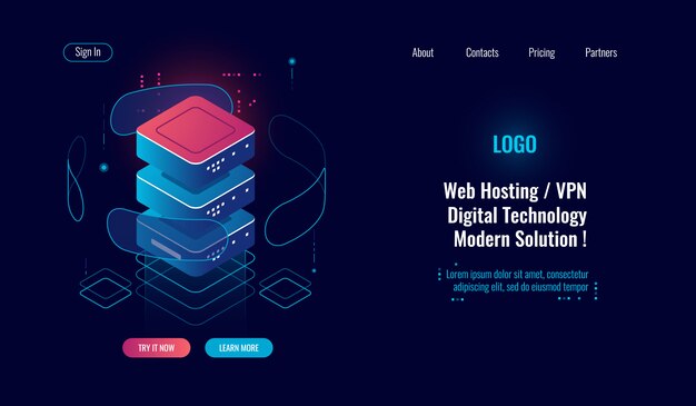 Protezione sicura dei dati, icona isometrica, sala server, archiviazione cloud, concetto di scudo internet