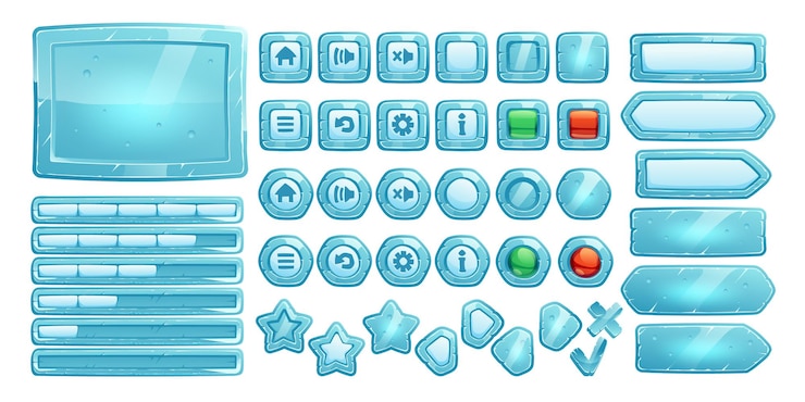 Vettore gratuito pulsanti di ghiaccio per il gioco dell'interfaccia utente