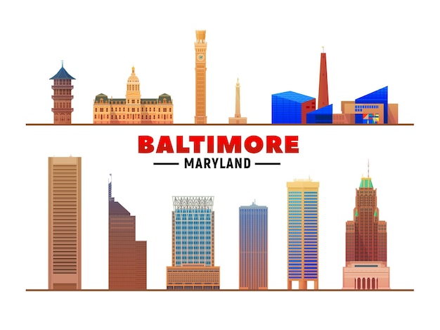 Punti di riferimento di Baltimora, Maryland USA a sfondo bianco Illustrazione vettoriale Viaggi d'affari e concetto di turismo con edifici moderni Immagine per banner o sito web