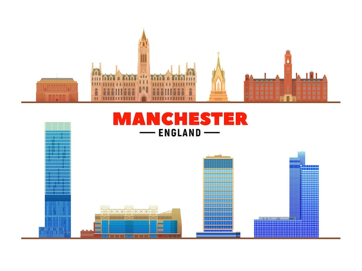 Vettore gratuito punti di riferimento principali di manchester in inghilterra su sfondo bianco illustrazione vettoriale viaggi d'affari e concetto di turismo con edifici moderni immagine per banner o sito web