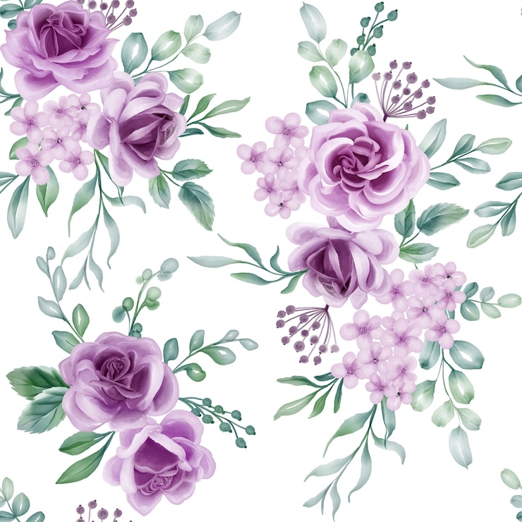 Vettore gratuito purple rose motivo floreale acquerello senza soluzione di continuità lussuosi sfondi floreali tessuti o carta da parati design stampe e inviti e cartoline