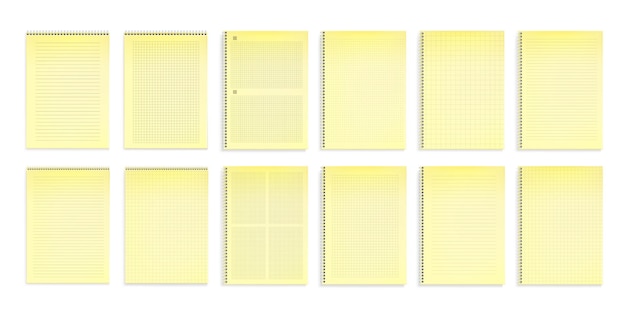 Quaderni con carta gialla a righe, punti e griglie quadrate