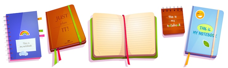 Vettore gratuito quaderni, taccuini chiusi e aperti di diverse dimensioni e design. diario con copertina colorata e segnalibri, pagine a righe, spirale, promemoria, pianificatore per ufficio e lista delle cose da fare isolata illustrazione vettoriale dei cartoni animati