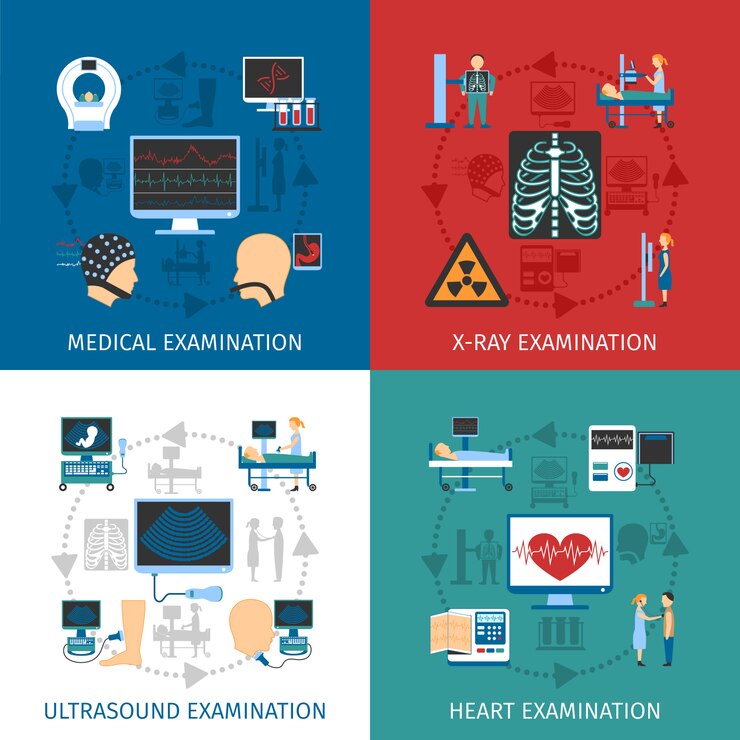 Vettore gratuito quadrato piano delle icone dell'esame medico 4