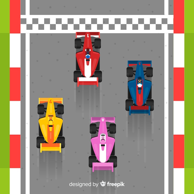Vettore gratuito quattro auto da corsa f1 che attraversano il traguardo