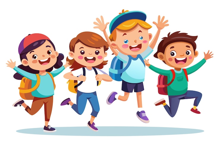 Vettore gratuito quattro bambini felici che saltano con gli zaini su uno sfondo bianco