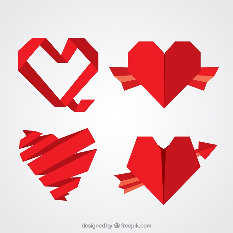 Vettore gratuito quattro cuori rossi di origami