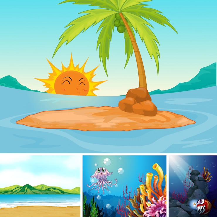 Vettore gratuito quattro diverse scene di spiaggia tropicale e sott'acqua con stile cartone animato creater mare