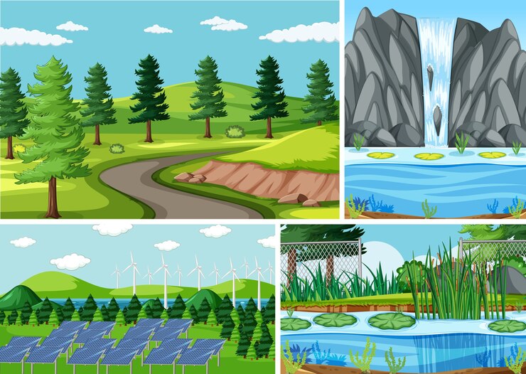 Vettore gratuito quattro diverse scene in natura in stile cartone animato