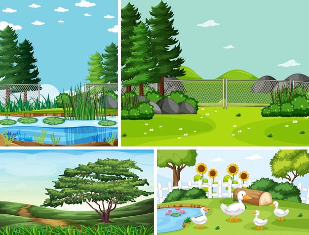 Quattro diverse scene in stile cartone animato ambientazione della natura
