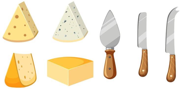 Vettore gratuito quattro formaggi diversi con utensili per il taglio del formaggio