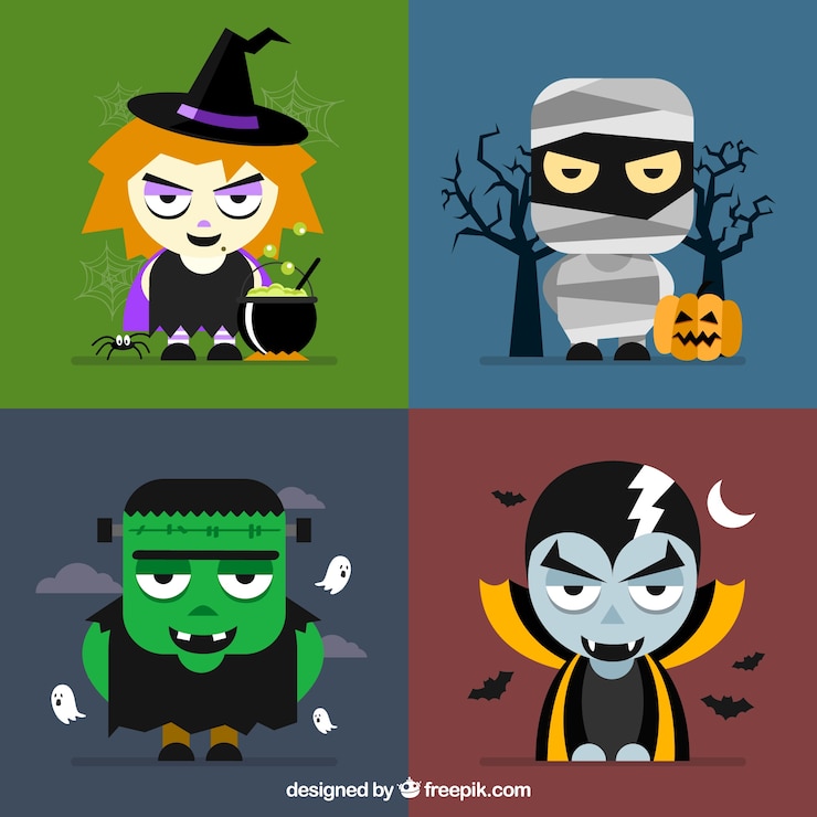 Vettore gratuito quattro personaggi di halloween su diversi sfondi