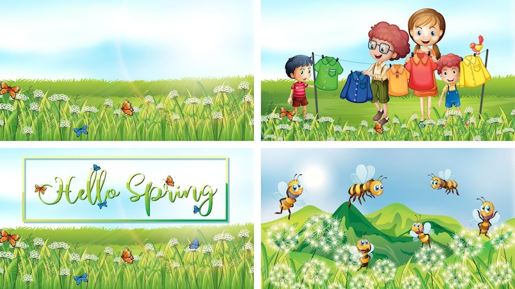 Vettore gratuito quattro scene con bambini e animali nel parco