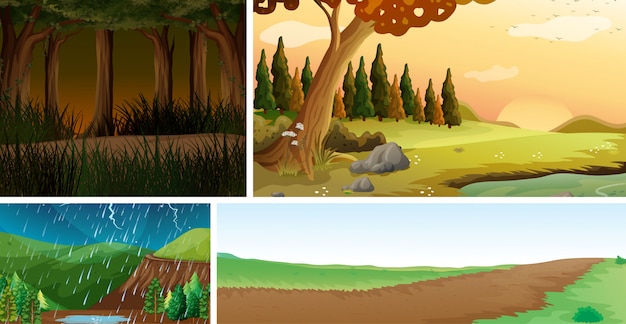 Quattro scene di natura diversa della foresta e palude in stile cartone animato