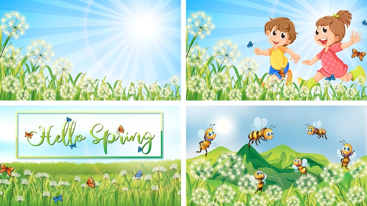 Vettore gratuito quattro scene di sfondo con bambini e animali nel parco