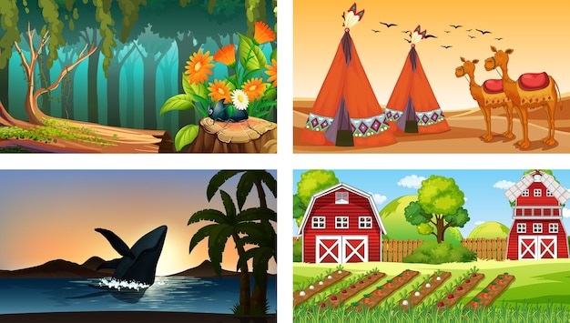 Quattro scene diverse con vari personaggi dei cartoni animati di animali