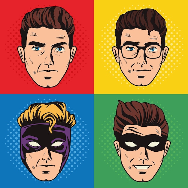 quattro teste di supereroi in stile pop art