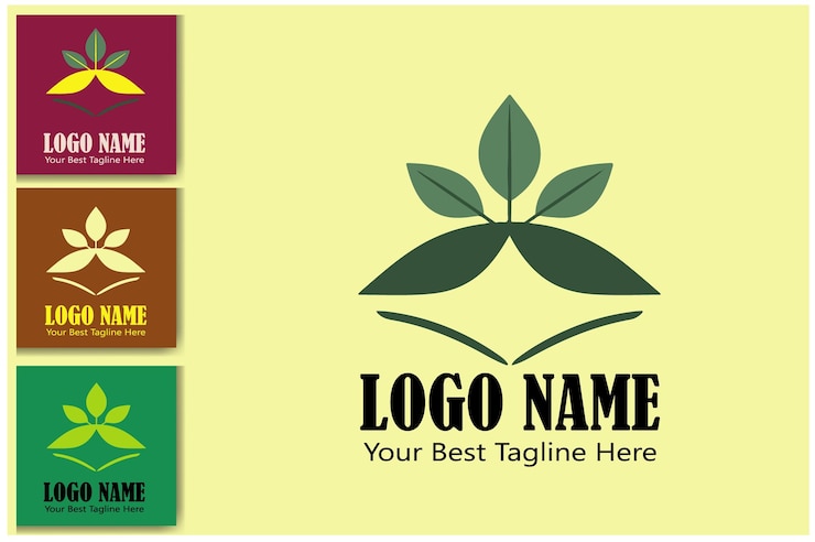 Vettore gratuito quattro varianti di un logo con foglie stilizzate che germogliano da un libro aperto che simboleggia la crescita e la conoscenza