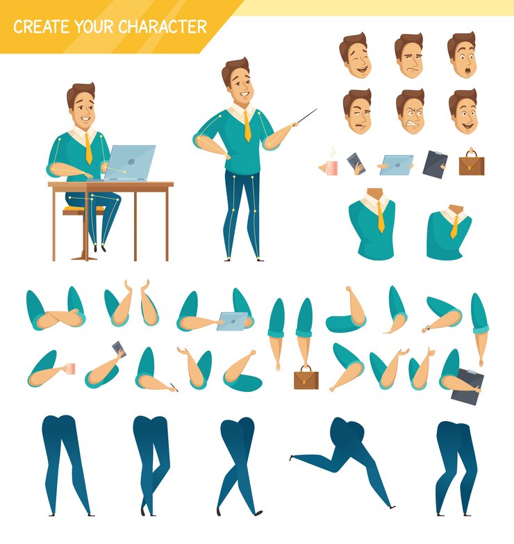 Vettore gratuito raccolta degli elementi del costruttore del creatore del carattere del lavoratore maschio dell'ufficio con le teste delle gambe delle mani e gli accessori isolati