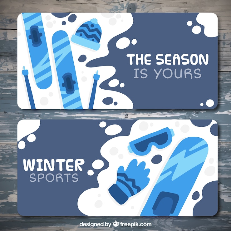Vettore gratuito raccolta dei banner con diversi elementi di sport invernali