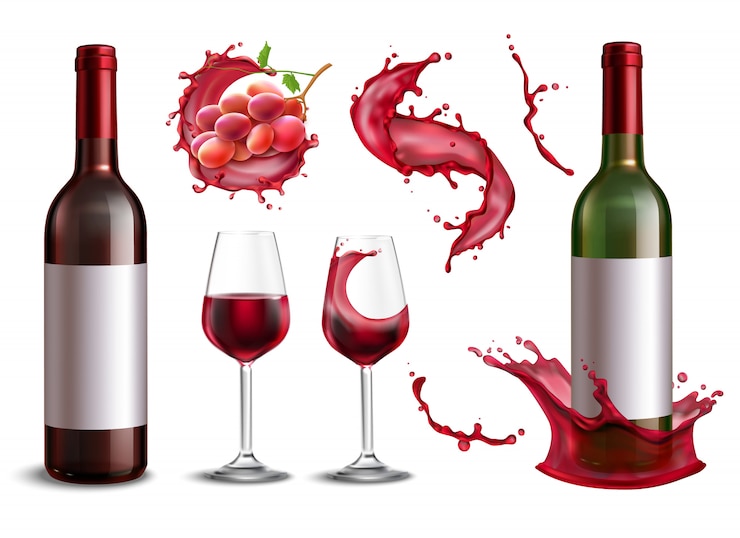 Vettore gratuito raccolta della spruzzata del vino con le immagini realistiche isolate del mazzo delle bottiglie di vino rosso di illustrazione dei vetri e dell'uva