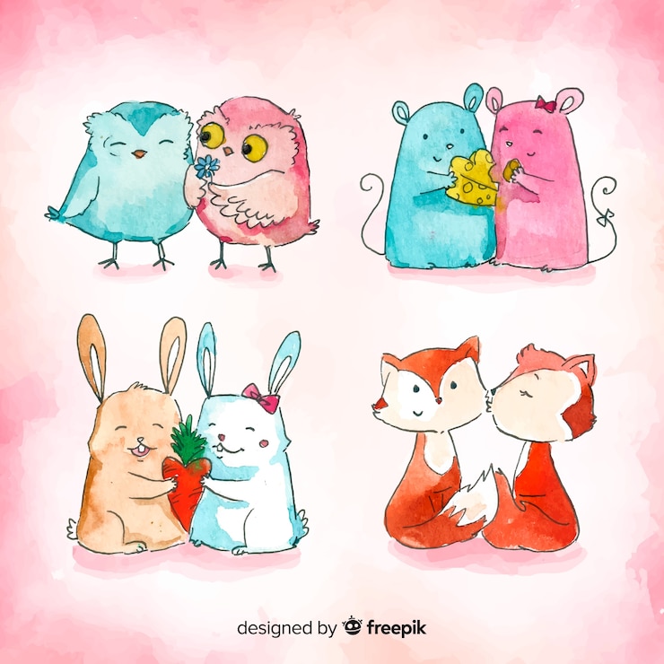 Vettore gratuito raccolta delle coppie degli animali di san valentino dell&#39;acquerello