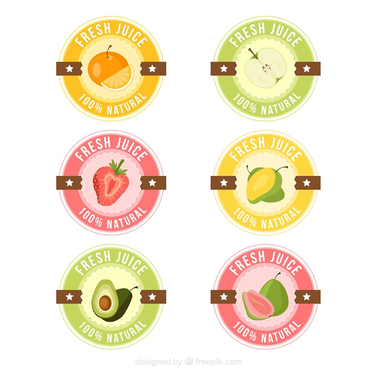 Vettore gratuito raccolta di adesivi succhi di frutta fresca in colori pastello