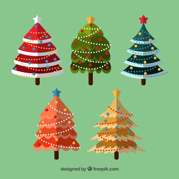 Raccolta di alberi di Natale colorati decorati