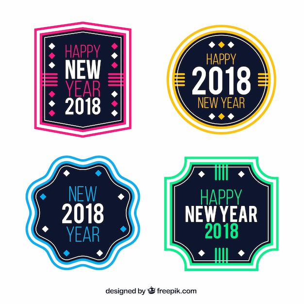 Raccolta di distintivi del 2018 anno nuovo piatto