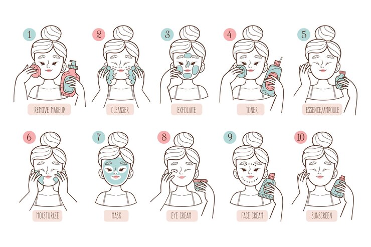 Vettore gratuito raccolta di donna disegnata facendo la sua routine di cura della pelle coreana