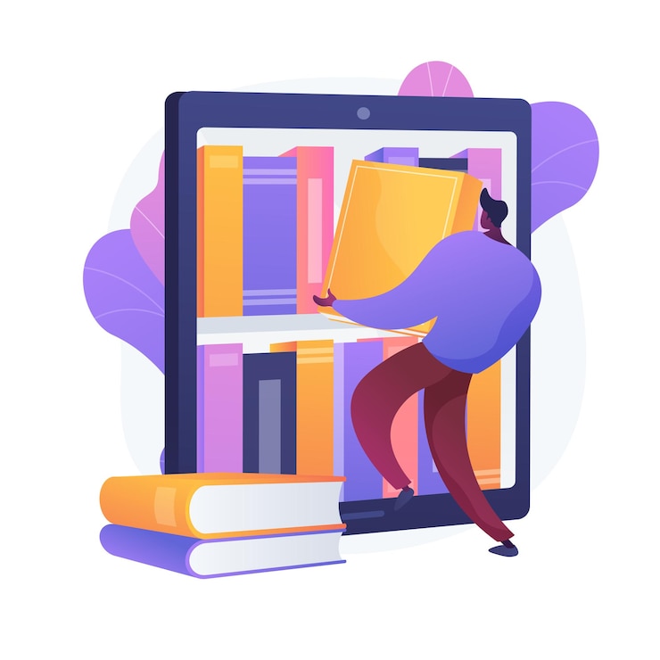 Raccolta di ebook. Archivio bibliotecario, e reading, letteratura. Personaggio dei cartoni animati maschio caricamento di libri in ereader. Uomo che mette i romanzi in copertine sullo scaffale.