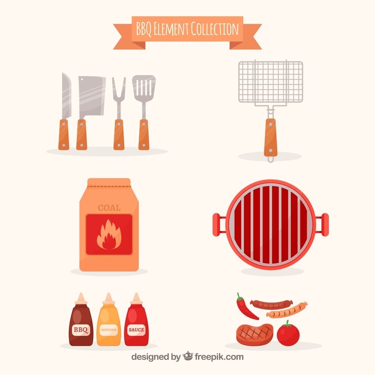 Vettore gratuito raccolta di elementi bbq in stile piatto