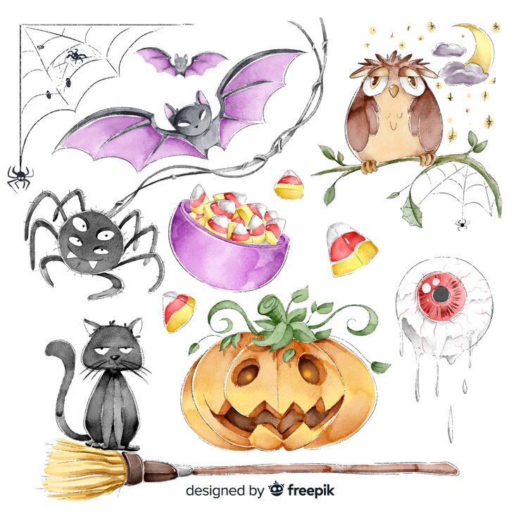 Vettore gratuito raccolta di elementi carini di halloween in stile acquerello