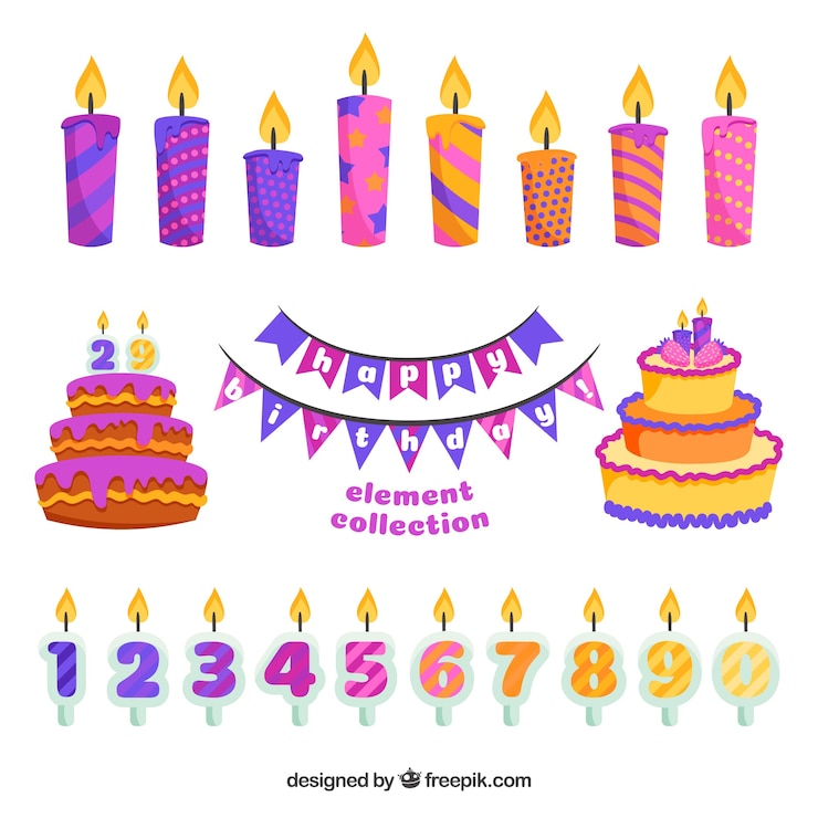 Vettore gratuito raccolta di elementi di compleanno in stile piano