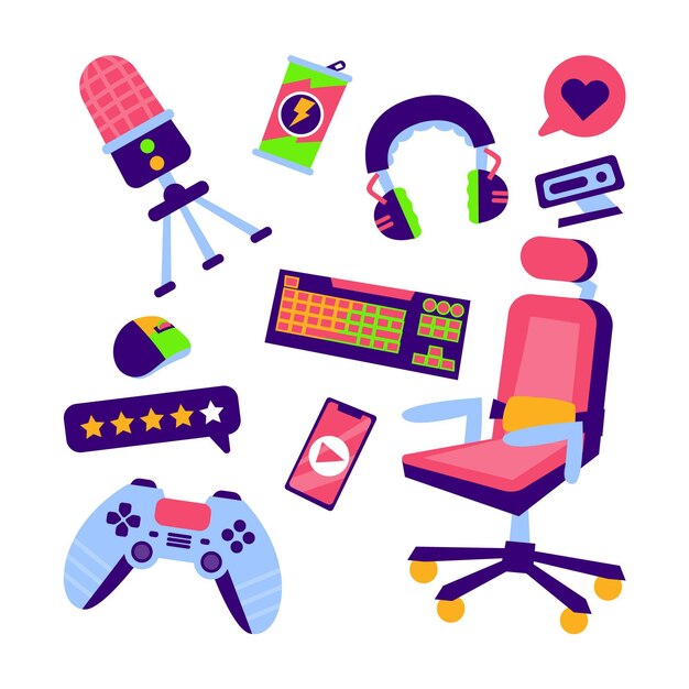 Raccolta di elementi di concetto di cartone animato gioco streamer