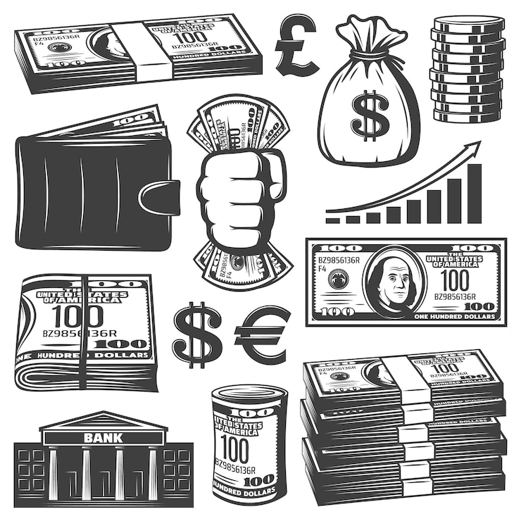 Vettore gratuito raccolta di elementi di contanti vintage con sacchetto di pile di denaro di banconote monete in crescita edificio banca portafoglio grafico isolato