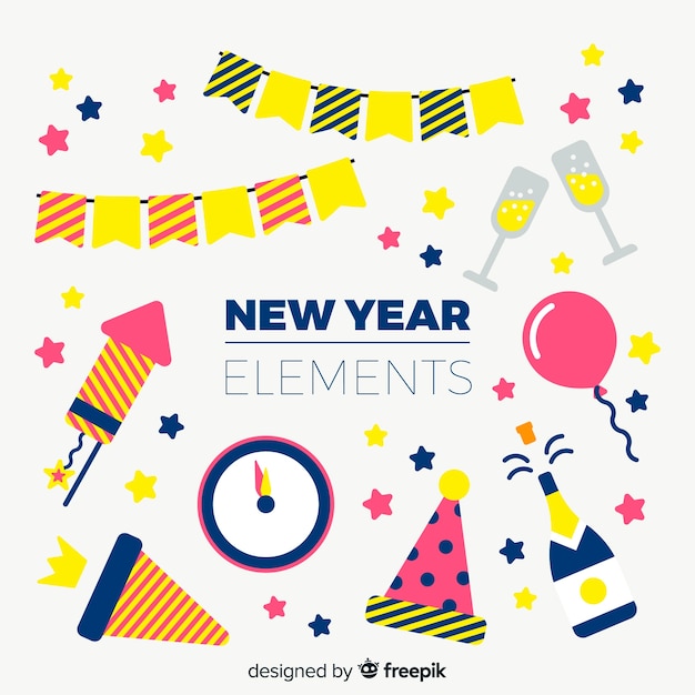 Raccolta di elementi di festa di Capodanno piatta