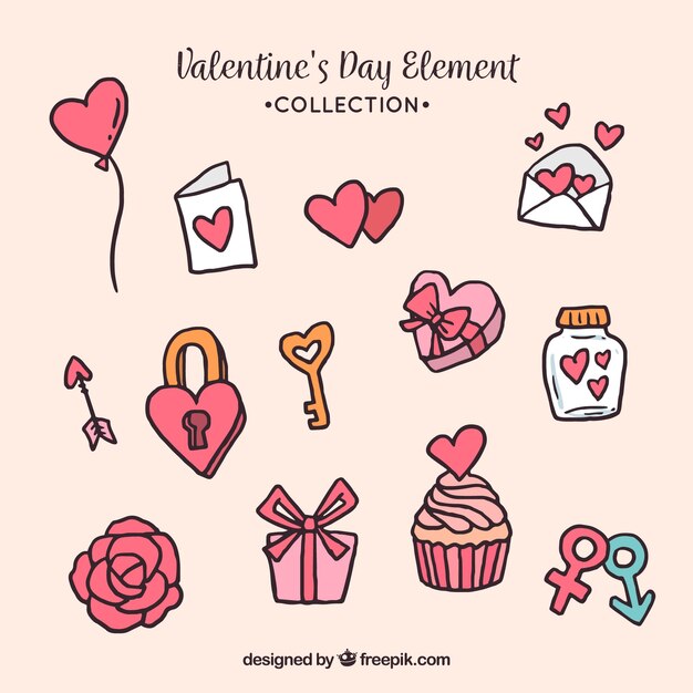 Raccolta di elementi di San Valentino disegnata a mano
