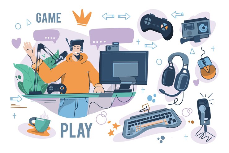 Vettore gratuito raccolta di elementi di streamer di gioco piatto