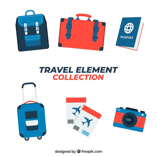 Raccolta di elementi di viaggio in stile piatto