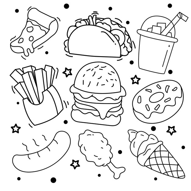 Raccolta di elementi disegnati a mano fast food